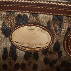 Pre Owned Roberto Cavalli Metallic/Brown Leopard Print Coated Canvas and Leather Zip Tote