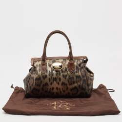 Pre Owned Roberto Cavalli Metallic/Brown Leopard Print Coated Canvas and Leather Zip Tote