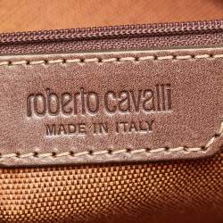 Pre Owned Roberto Cavalli Metallic/Brown Leopard Print Coated Canvas and Leather Zip Tote