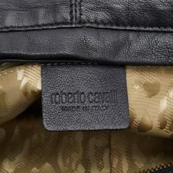 Pre Owned Roberto Cavalli Black/Gold Leather Studded Fringe Hobo