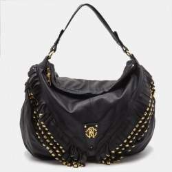 Pre Owned Roberto Cavalli Black/Gold Leather Studded Fringe Hobo