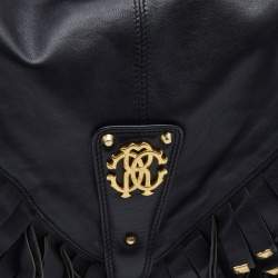 Pre Owned Roberto Cavalli Black/Gold Leather Studded Fringe Hobo
