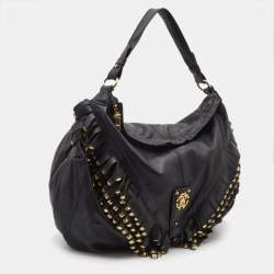 Pre Owned Roberto Cavalli Black/Gold Leather Studded Fringe Hobo