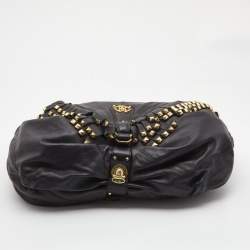 Pre Owned Roberto Cavalli Black/Gold Leather Studded Fringe Hobo
