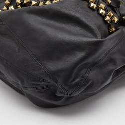 Pre Owned Roberto Cavalli Black/Gold Leather Studded Fringe Hobo