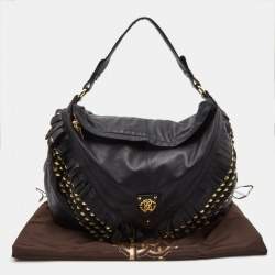 Pre Owned Roberto Cavalli Black/Gold Leather Studded Fringe Hobo