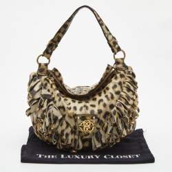 Pre Owned Roberto Cavalli Cream/Black Leopard Print Leather Studded Fringe Hobo