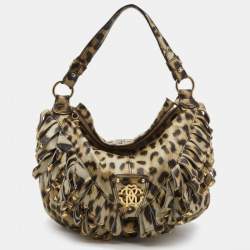 Pre Owned Roberto Cavalli Cream/Black Leopard Print Leather Studded Fringe Hobo