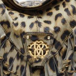 Pre Owned Roberto Cavalli Cream/Black Leopard Print Leather Studded Fringe Hobo