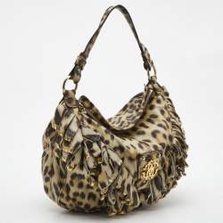 Pre Owned Roberto Cavalli Cream/Black Leopard Print Leather Studded Fringe Hobo