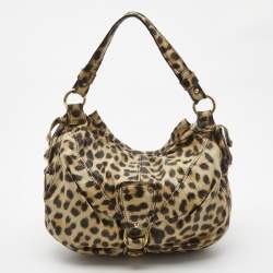 Pre Owned Roberto Cavalli Cream/Black Leopard Print Leather Studded Fringe Hobo