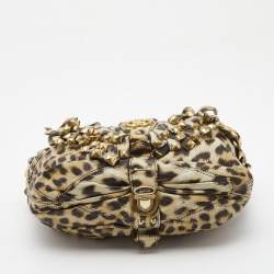 Pre Owned Roberto Cavalli Cream/Black Leopard Print Leather Studded Fringe Hobo