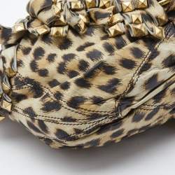 Pre Owned Roberto Cavalli Cream/Black Leopard Print Leather Studded Fringe Hobo