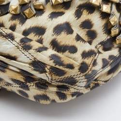 Pre Owned Roberto Cavalli Cream/Black Leopard Print Leather Studded Fringe Hobo