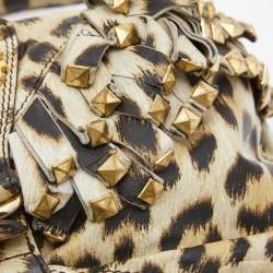 Pre Owned Roberto Cavalli Cream/Black Leopard Print Leather Studded Fringe Hobo