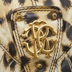 Pre Owned Roberto Cavalli Cream/Black Leopard Print Leather Studded Fringe Hobo