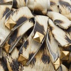 Pre Owned Roberto Cavalli Cream/Black Leopard Print Leather Studded Fringe Hobo