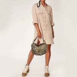 Pre Owned Roberto Cavalli Cream/Black Leopard Print Leather Studded Fringe Hobo