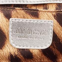 Pre Owned Roberto Cavalli Black/Silver Satin and Leather Snake Embellished Chain Clutch