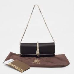 Pre Owned Roberto Cavalli Black/Silver Satin and Leather Snake Embellished Chain Clutch