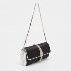 Pre Owned Roberto Cavalli Black/Silver Satin and Leather Snake Embellished Chain Clutch