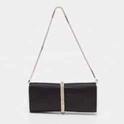 Pre Owned Roberto Cavalli Black/Silver Satin and Leather Snake Embellished Chain Clutch
