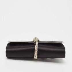 Pre Owned Roberto Cavalli Black/Silver Satin and Leather Snake Embellished Chain Clutch