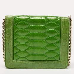 Pre Owned Roberto Cavalli Green Croc and Snakeskin Flap Chain Bag 