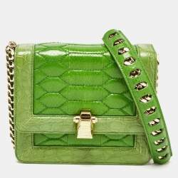 Pre Owned Roberto Cavalli Green Croc and Snakeskin Flap Chain Bag 