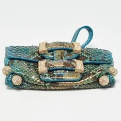 Pre Owned Roberto Cavalli Blue/Green Python Mini Buckle Crystals Pouch