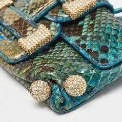 Pre Owned Roberto Cavalli Blue/Green Python Mini Buckle Crystals Pouch
