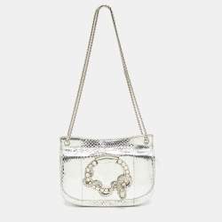 Pre Owned Roberto Cavalli Silver Laminated Snakeskin Leather Embellished Shoulder Bag