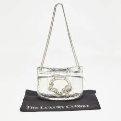 Pre Owned Roberto Cavalli Silver Laminated Snakeskin Leather Embellished Shoulder Bag