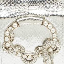 Pre Owned Roberto Cavalli Silver Laminated Snakeskin Leather Embellished Shoulder Bag