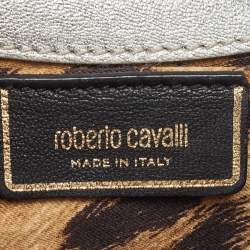 Pre Owned Roberto Cavalli Silver Laminated Snakeskin Leather Embellished Shoulder Bag