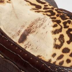 Roberto Cavalli Brown Leopard Print/Croc Embossed Leather and Calf Hair Drawstring Hobo