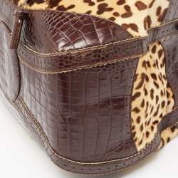 Roberto Cavalli Brown Leopard Print/Croc Embossed Leather and Calf Hair Drawstring Hobo