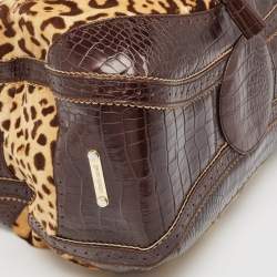 Roberto Cavalli Brown Leopard Print/Croc Embossed Leather and Calf Hair Drawstring Hobo