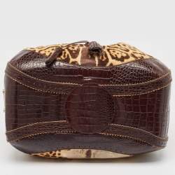 Roberto Cavalli Brown Leopard Print/Croc Embossed Leather and Calf Hair Drawstring Hobo