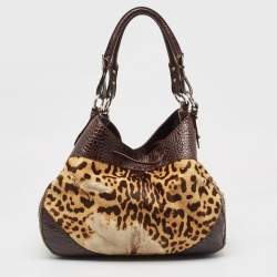 Roberto Cavalli Brown Leopard Print/Croc Embossed Leather and Calf Hair Drawstring Hobo