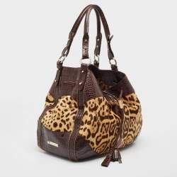 Roberto Cavalli Brown Leopard Print/Croc Embossed Leather and Calf Hair Drawstring Hobo