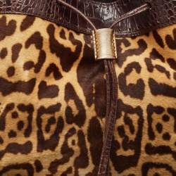 Roberto Cavalli Brown Leopard Print/Croc Embossed Leather and Calf Hair Drawstring Hobo