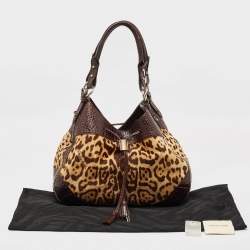 Roberto Cavalli Brown Leopard Print/Croc Embossed Leather and Calf Hair Drawstring Hobo