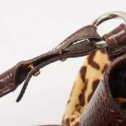 Roberto Cavalli Brown Leopard Print/Croc Embossed Leather and Calf Hair Drawstring Hobo