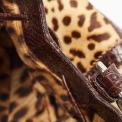 Roberto Cavalli Brown Leopard Print/Croc Embossed Leather and Calf Hair Drawstring Hobo