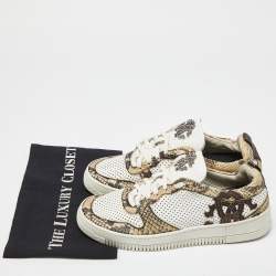 Roberto Cavalli White/Beige Perforated Python Embossed Leather Low Top Sneakers Size 40