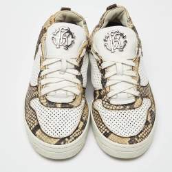 Roberto Cavalli White/Beige Perforated Python Embossed Leather Low Top Sneakers Size 40