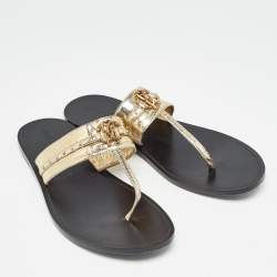 Roberto Cavalli Gold Crackled Leather Flat Slides Size 40