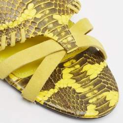 Roberto Cavalli Yellow Snakeskin and Suede Flat Sandals Size 38