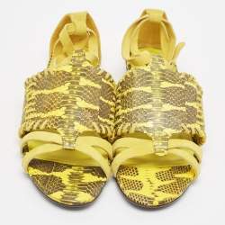 Roberto Cavalli Yellow Snakeskin and Suede Flat Sandals Size 38